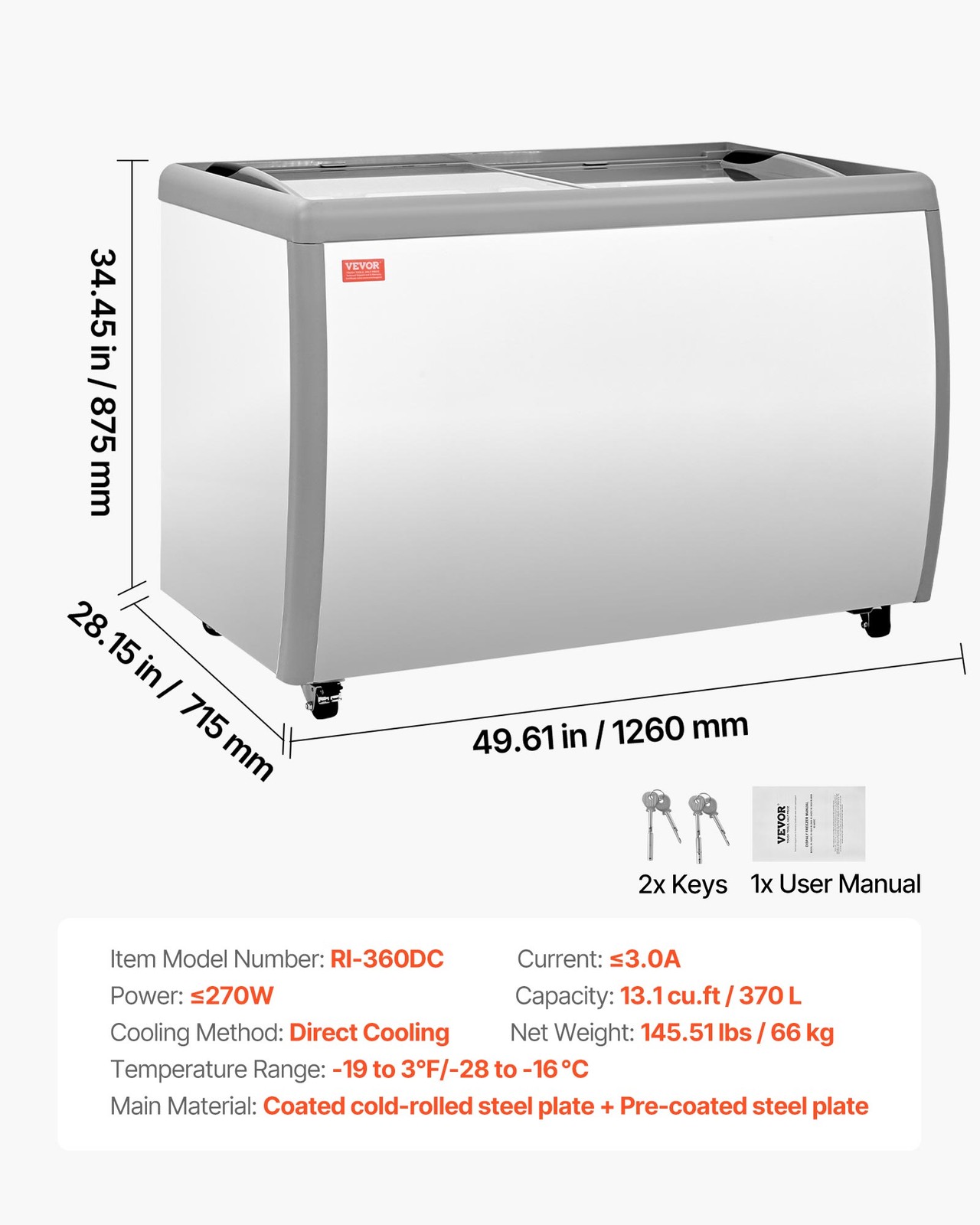 VEVOR Commercial Ice Cream Display Case 13.1Cu.ft Gelato Dipping Freezer Cabinet
