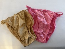 PAIR OF 2 SECOND SKIN SATIN VINTAGE STYLE STRING BIKINI PANTIES PINK  GOLD L