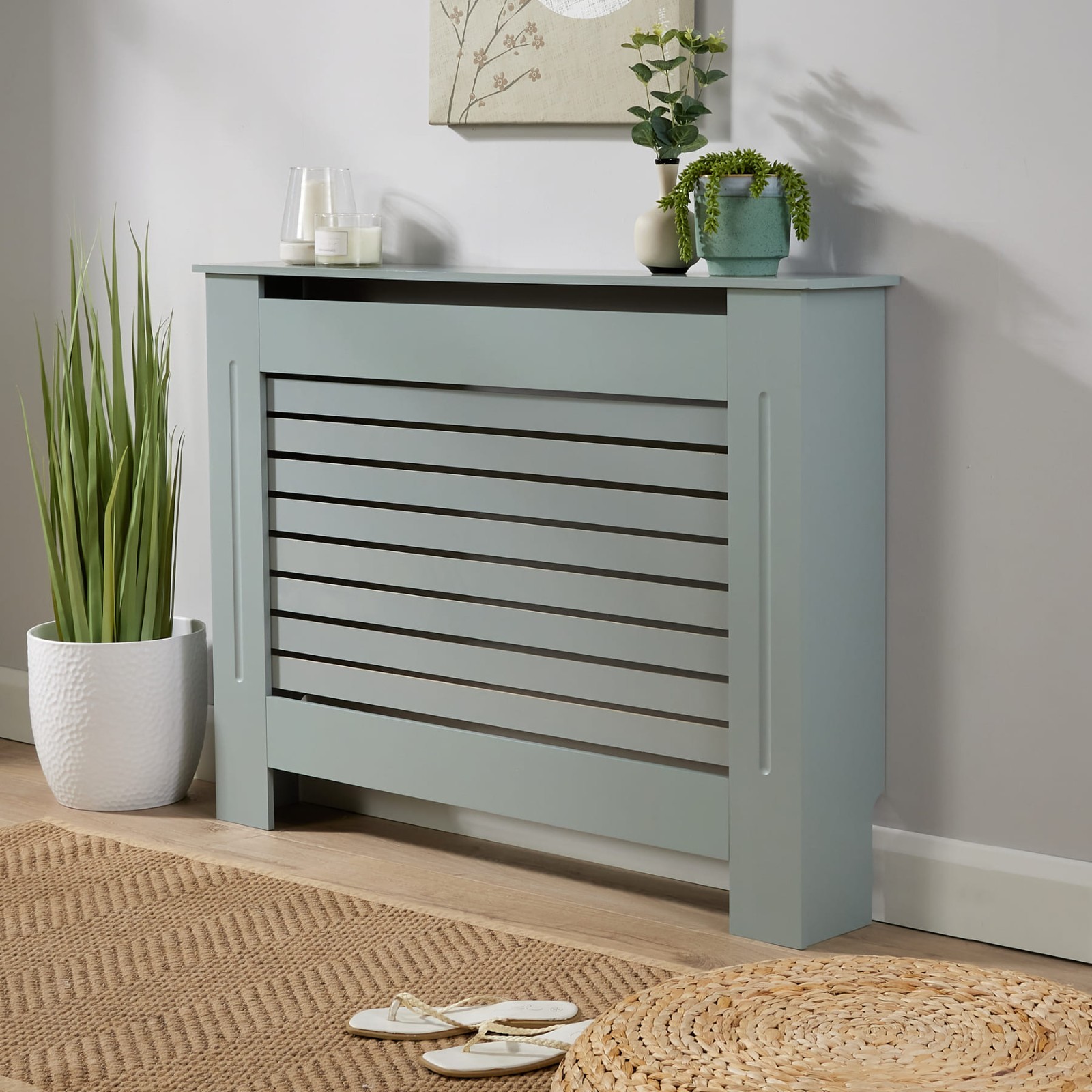Medium Grey Radiator Cover Wooden Wall Cabinet Shelf Slatted Grill York 111cm