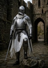 Medieval Knight Armor Costume, Full Face Helmet, White Templar Surcoat, Outfit