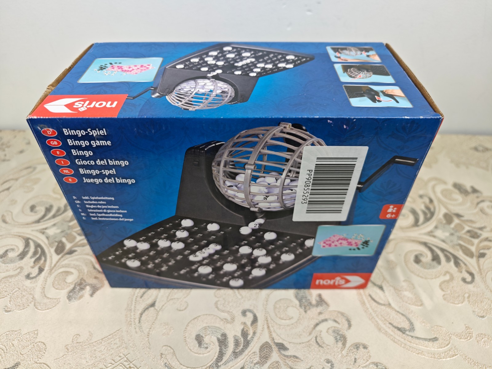 Noris 606150493 Bingo Drum with Chips, 90 Balls and 12 Bingo Cards, Action Game