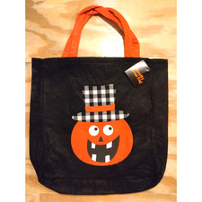 Laughing Pumpkin Felt 12x12 White Black Check Hat Trick Or Treat Bag - NWT w Tag