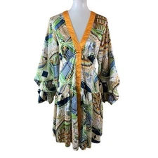 L’Atiste Boho Kimono Sleeve Satin Trim Abstract Print Mini Dress Flowy Large