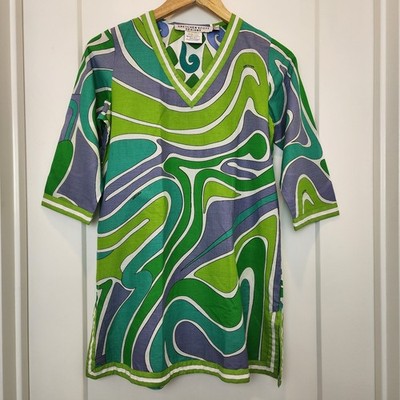 Gretchen Scott Girl 10/12 Cotton Green Blue Retro Dress Coverup Preppy Beach