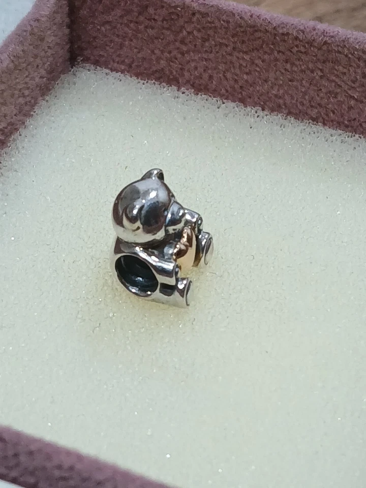 Genuino Pandora Dos Tonos 14k 14ct Oro Plata Peluche Mi Oso Corazón Dije Retirado Foto 2 de 4
