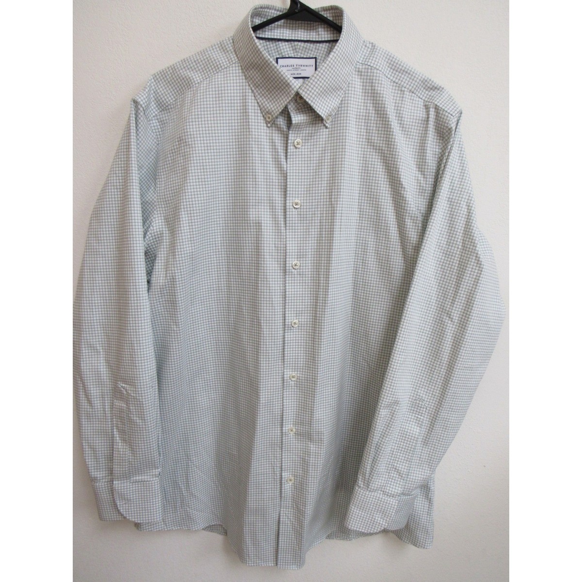 Charles Tyrwhitt Mens Slim Fit Non-Iron Dress Shirt Green Micro Check  17/35in | eBay