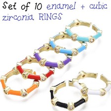 Set of 10 Rings Enamel + Cubic Zirconia - Job Lot Bulk Gold Tone Bamboo Shape