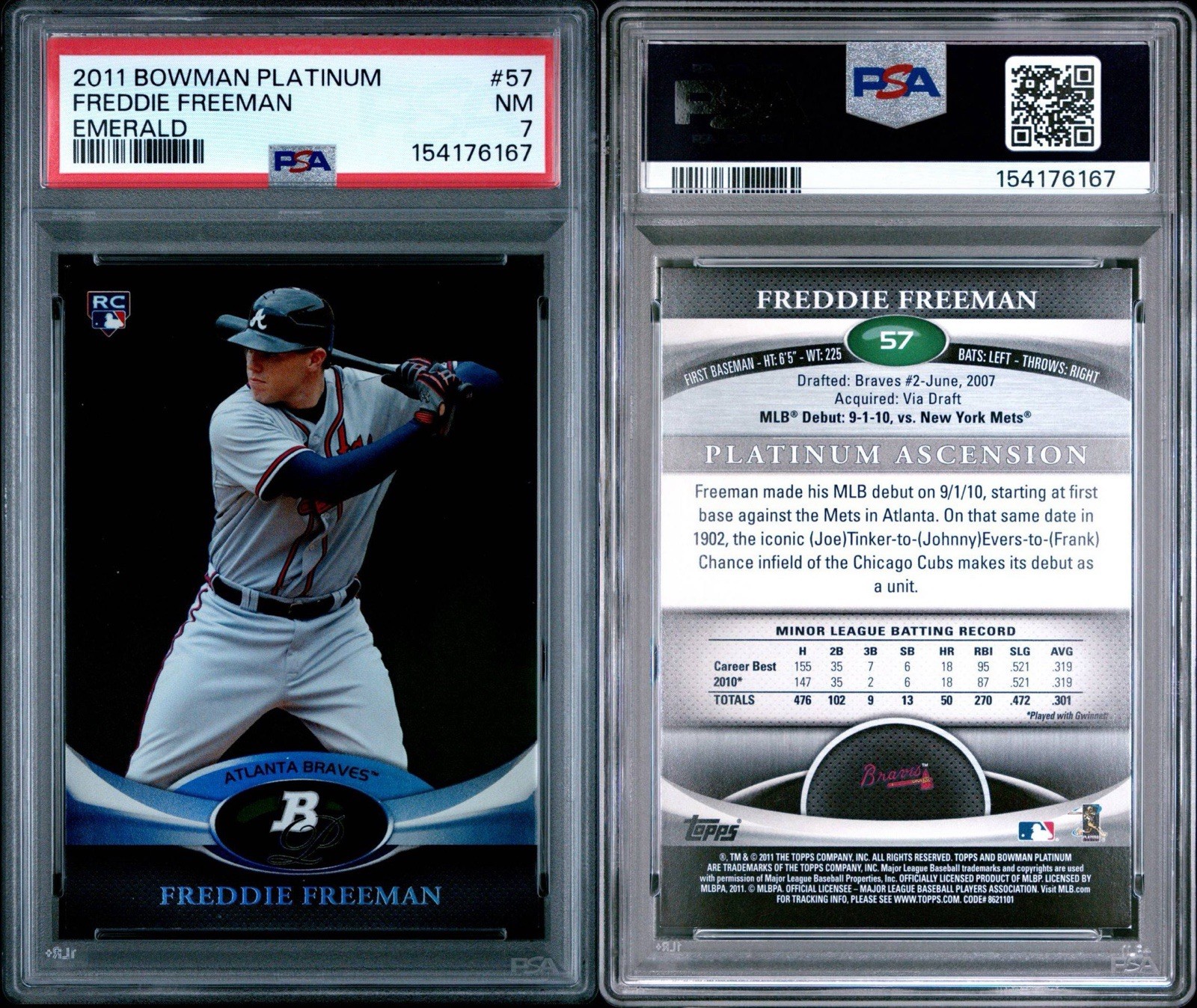 FREDDIE FREEMAN 2011 BOWMAN PLATINUM 57 EMERALD 🔥 ROOKIE PARALLEL 📈 PSA 7 view 3