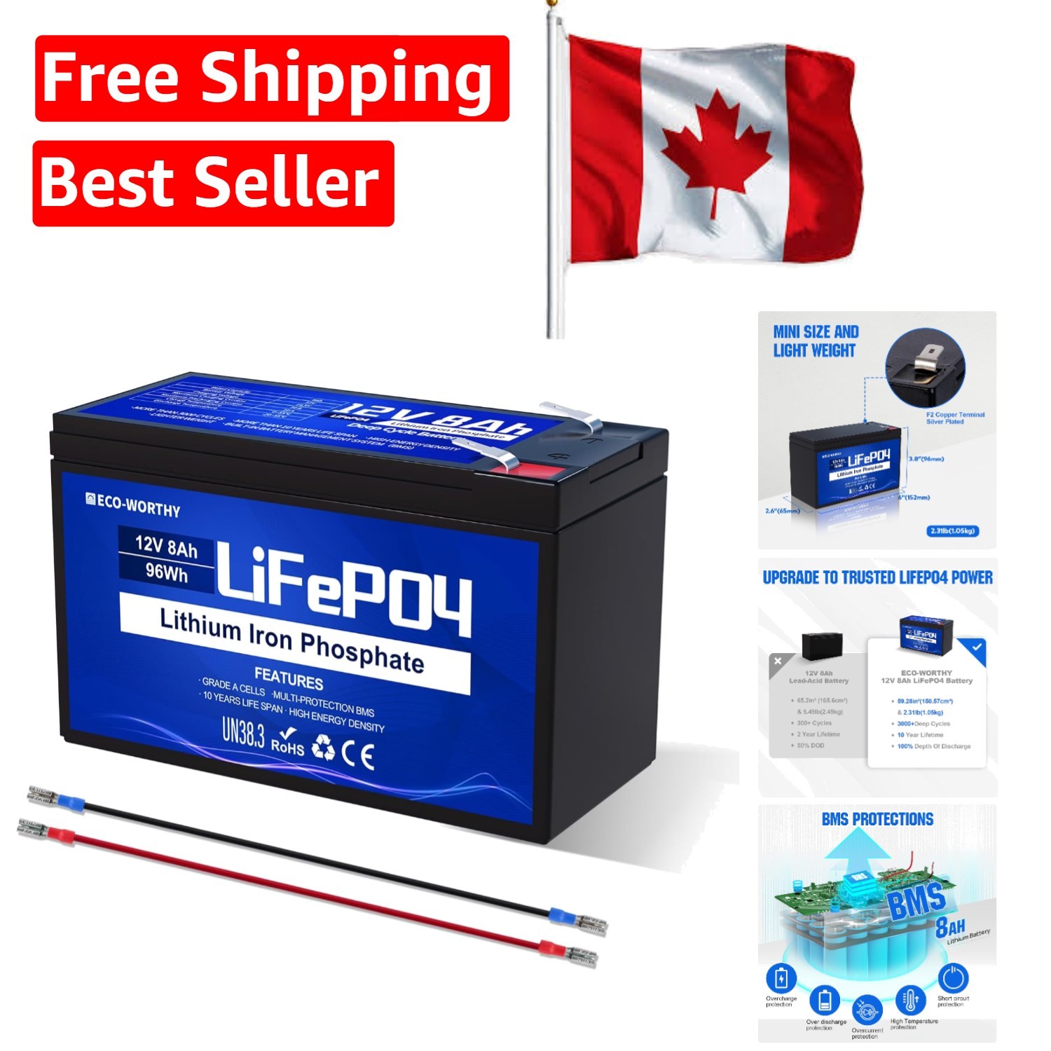 Lightweight 8ah lithium battery with bms - 4000+ cycles for ultimate reliability