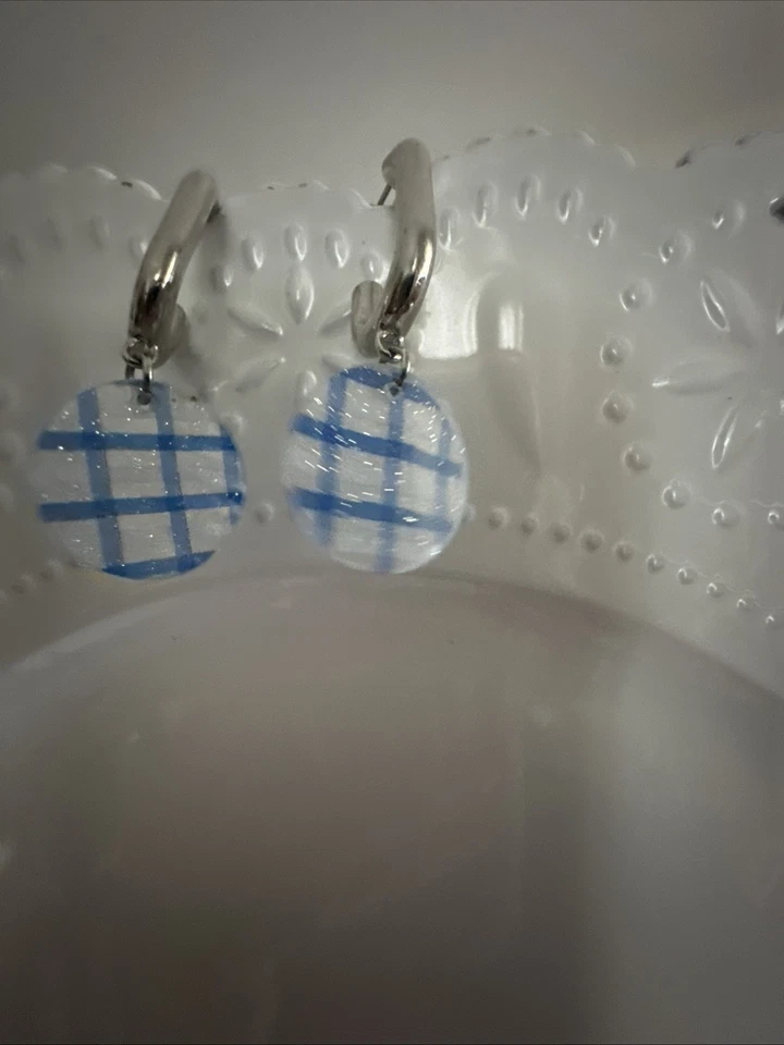 Pendientes de acrílico J CREW azul picnic a cuadros blanco brillante dorado OFERTA 4 CARIDAD ❤️343 Foto 3 de 4