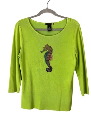 Sweaterworks Lime Green Beaded Seahorse Sweater M 3/4 Sleeve Ribbed Knit Y2K