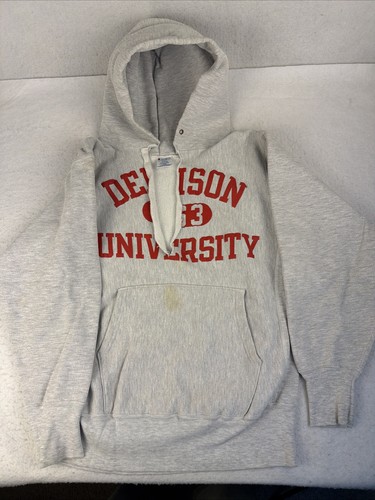 Champion Reverse Weave Hoodie Sweatshirt Denison University Vtg 90s Distress M/L - Image 1