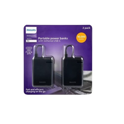Philips Battery Pack, 1 USB-C, 15W, 1 Tethered USB-C Cable, 10000mAh, BLK 2 pack