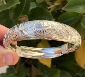 Antique Chinese Export Silver Repousse Shou Symbol Lotus Blossom Bangle Bracelet