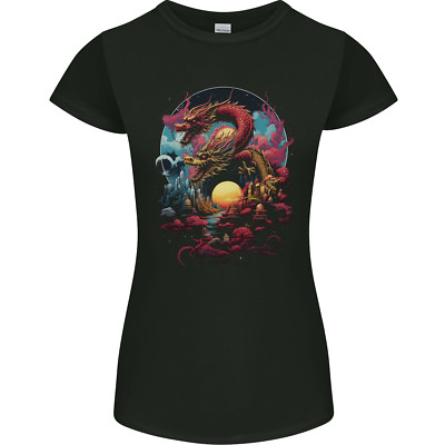 Gildan Sunset Fantasy Dragons Damen Petite T-Shirt Schwarz Rundhals Kurze Ärmel