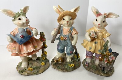 Bunny Rabbit Figurines Gardening Watering Can Rake Flowers Mushrooms Lot of 3