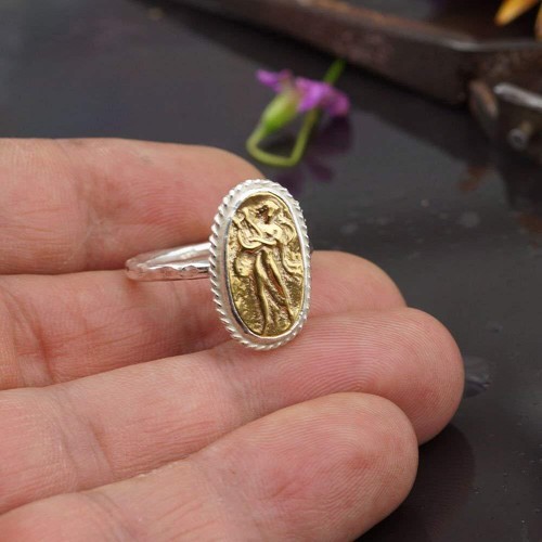 FREE SIZE Handmade Roman Art Lyre Playing Lady Coin Ring 925 k Sterling Silver - Picture 2 of 7