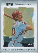 2003 PLAYOFF PORTRAITS MATERIALS COMBO SILVER #82 MIKE SCHMIDT BAT-JSY #6/25