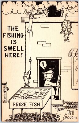 Cathching Fish Easy Guard in Terror ''Fishing is Swell Here'' Comic Card Postcard