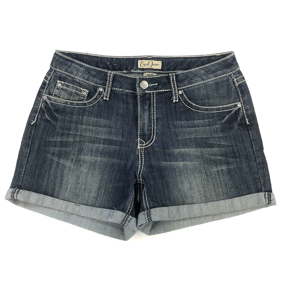 Earl Jean Cuffed Shorts Womens 6 Rhinestones Thick Stitch Blue Flap Pockets W30” - Image 2 of 4