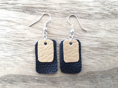 Leather Gold Black Rectangle Boho Statement Bar Dangle Cute Silver Hook Earrings - Picture 2 of 5