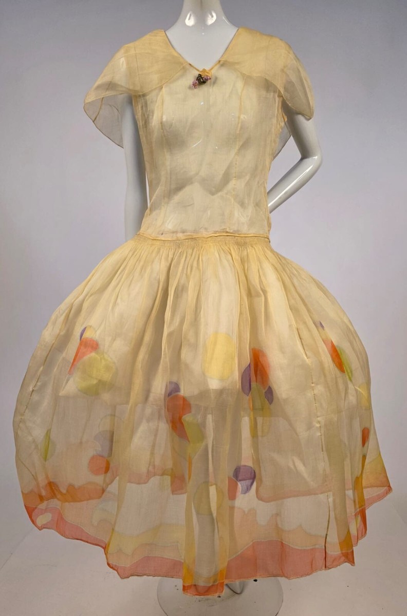 HAND PAINTED 1920'S SHEER YELLOW ORGANDY DRESS W CAPE COLLAR +