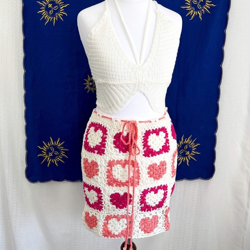 Handmade Crochet Hearts Mini Skirt Retro Granny Square Festival Mini
