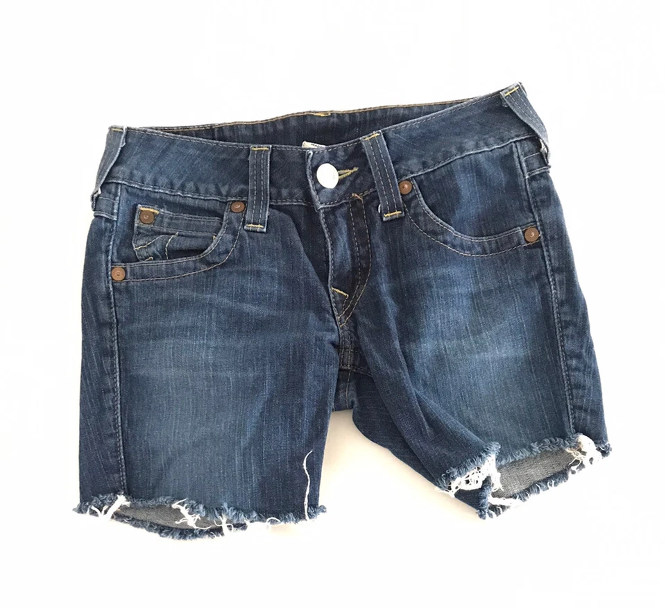 Pantalones cortos de mezclilla True Religion tiro bajo para mujer 27 azul lavado medio Foto 2 de 4