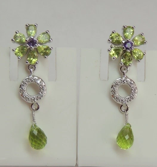 Exclusivo 5,24 Quilates Peridoto Amatista Pendientes Diseño Puro 925 Plata - Imagen 3 de 4