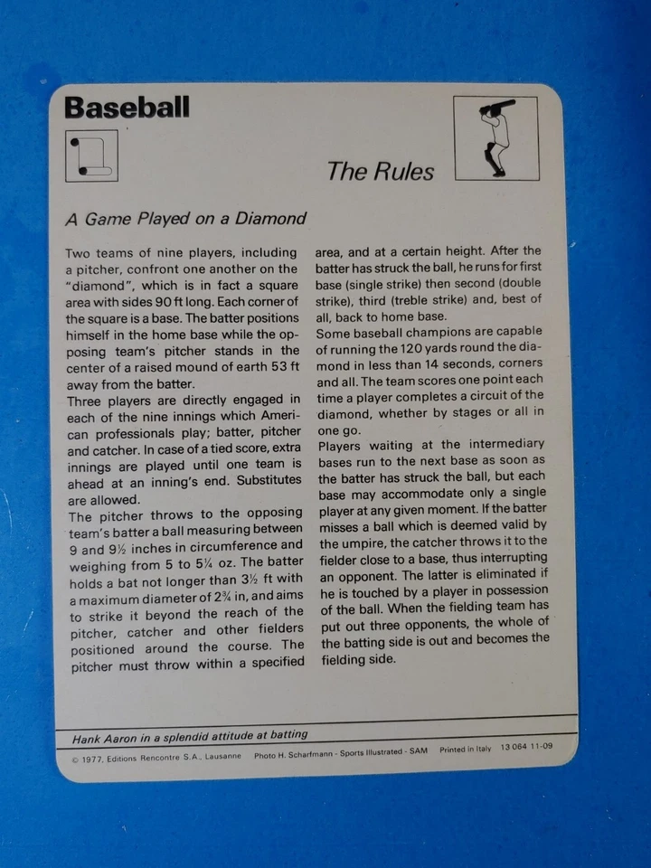 1977 SPORTSCASTERS BASEBALL #11-09 Italy THE RULES HANK AARON EX-MINT+ - Imagem 3 de 4