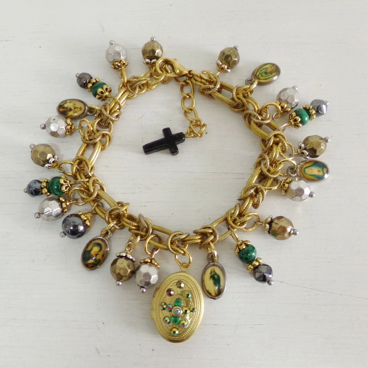 Vintage VIRGIN Mary Positive LOCKET charm bracelet Portuguese aged