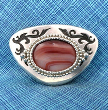 Classic Western Cowboy Belt Buckles Red White Banded Agate Stone Vtg 80s  .A29