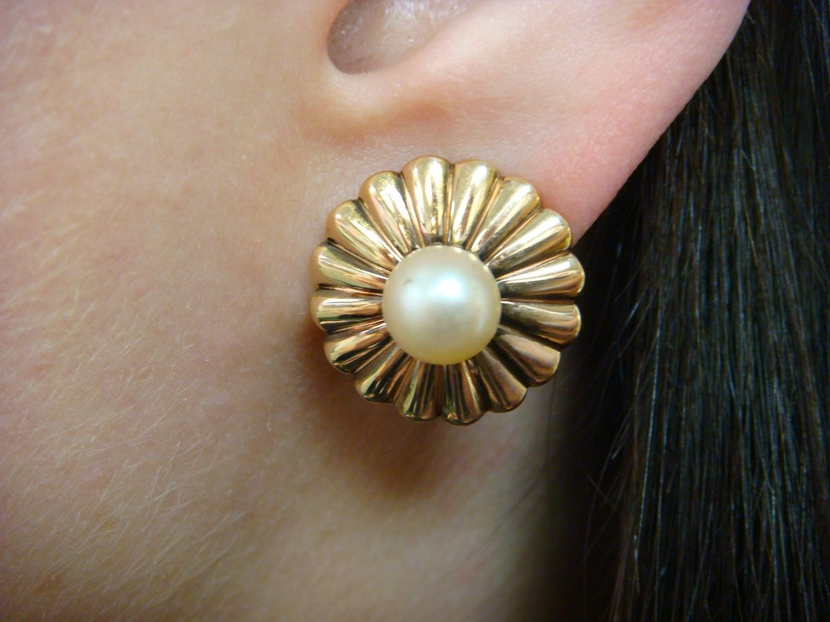 ◆VINTAGE HOLLYWOOD◆ Rose Blossom Pearl Earrings VH2435EA00 14K ROSE GOLD VINTAGE FLOWER BUTTON PEARL EARRINGS,5.2 GRAMS