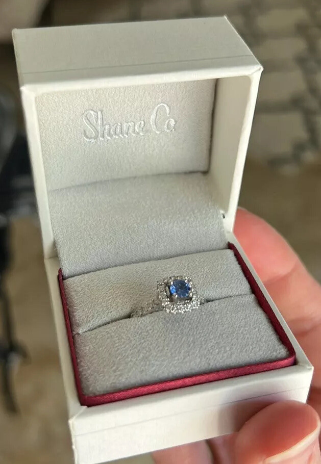 Shane Co Diamond Engagement Ring Halo Setting with Round Cut Blue