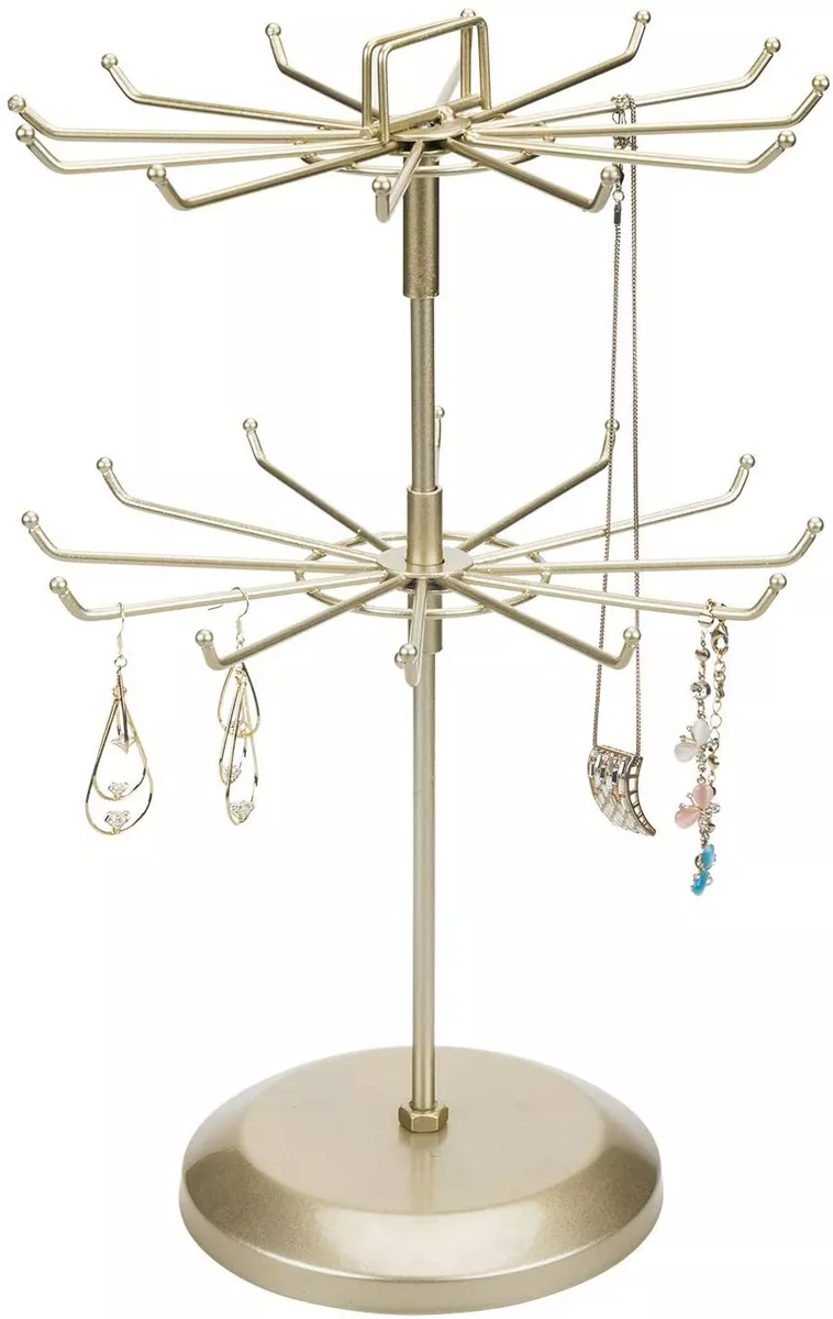 MyGift 2 Tier Brass Metal Jewelry Tree Organizer Rotating Necklace