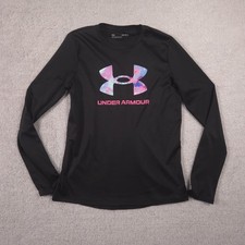 Under Armour Shirt Girls 14-16 Black Long Sleeve Logo Athletic Tee Activewear