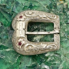 Sterling Silver 925 Red Gemstone Flower Scroll Belt Buckle