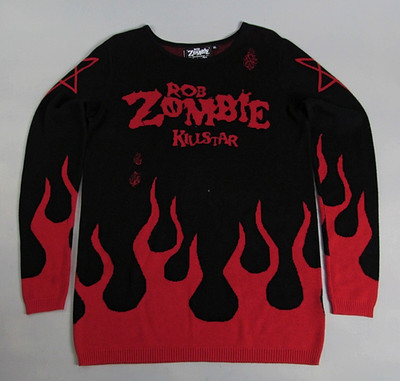 Rob Zombie Killstar Sweater Womens Size XL Black Red Flames Distressed