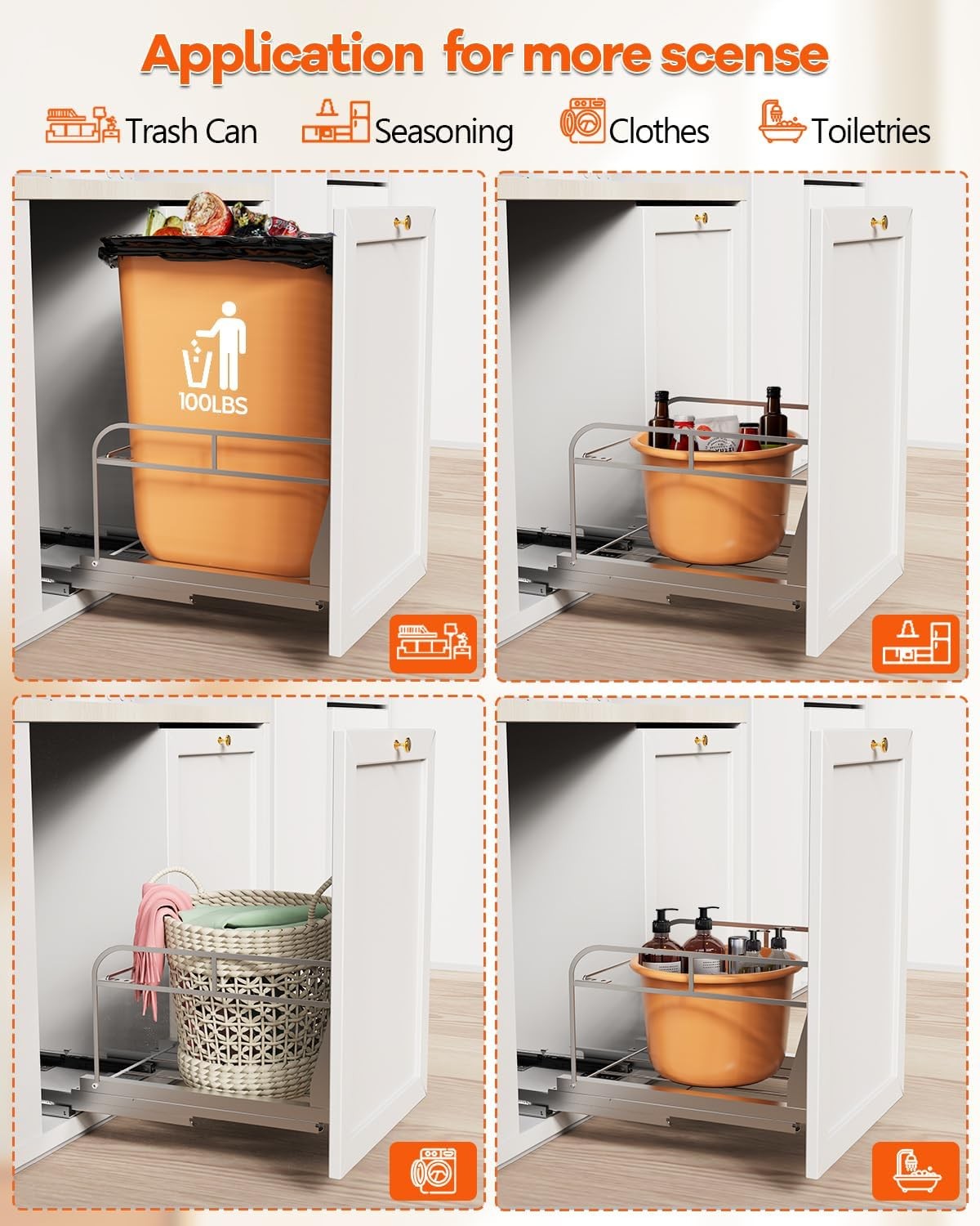 Pull Out Trash Can Frame for Cabinet, Soft Close Slides, No Bin Included