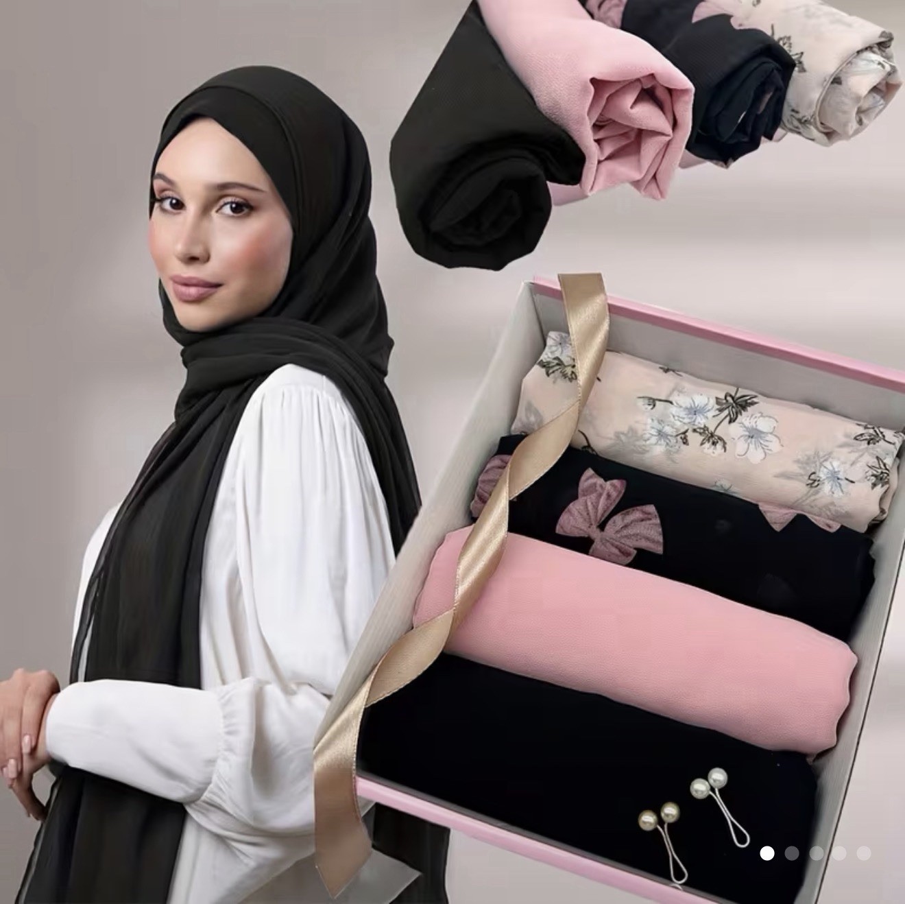 Women’s Chiffon Headscarf Scarf Set Floral Bow Accent Black Pink Beige