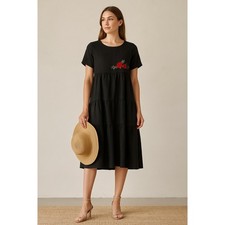 Belongyun Linen Midi Dress Embroidered Floral Tiered Short Sleeve Black Casual