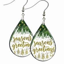 Season's Greetings Earrings Teardrop Dangle Wood Winter Holiday Jewelry & Gifts