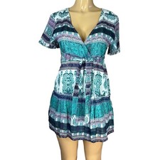 RAGA Golden Rules Mini Wrap Dress Short Sleeve Turquoise Blue Size Small NWT