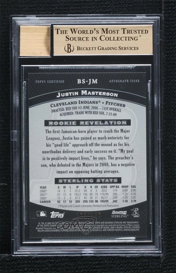 2009 Bowman Sterling Refractor /199 Justin Masterson #BS-JM BGS 9.5 GEM MINT - Image 2 of 2