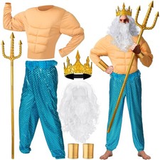 7 Pcs Halloween Poseidon Costume Set for Kids  Adults - Sea God Outfit, Party W