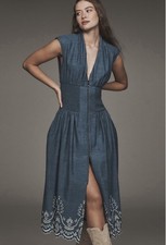 Anthropologie Midi Dress Tommie Denim Eyelet Trim Preppy Vacay Boho Size XS NWT