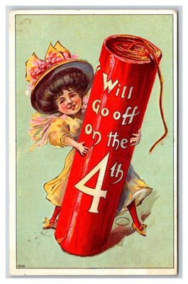 4th of July ~ Big hat victorian fashion woman w Firecracker firework Patriotic