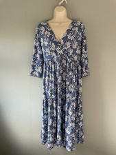 Seasalt V-neck Summer Blue Floral Midi Dress UK 12 Organic Cotton