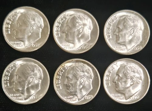 Lot of 6 Different Gorgeous BU Uncirculated Silver Roosevelt Dimes 1952 - 1961!