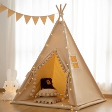 Teepee Kids Tent Indoor W/ Floor Mat,Carry Bag,Banner,Play Cottage W/ Star Light